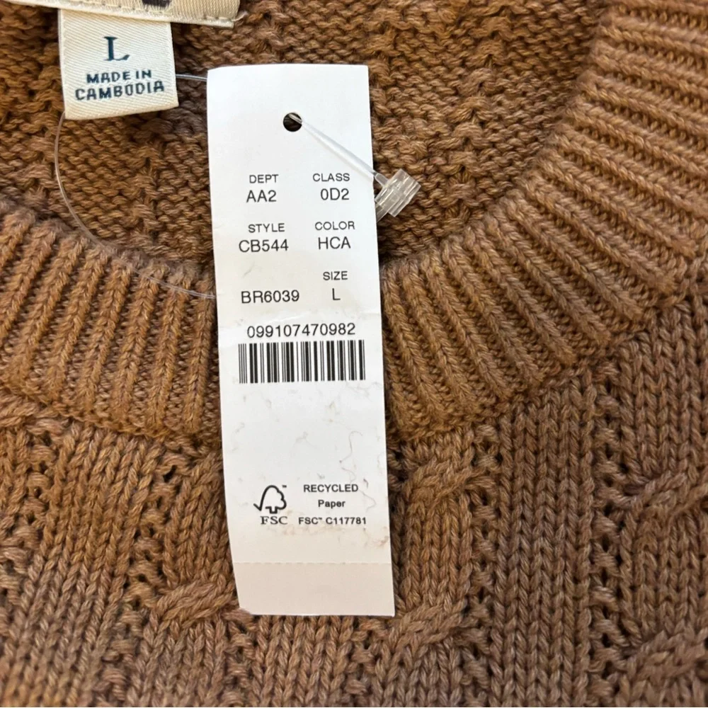 J. Crew Cotton Cable Knit Crewneck Sweater in Brown Size L. NWT